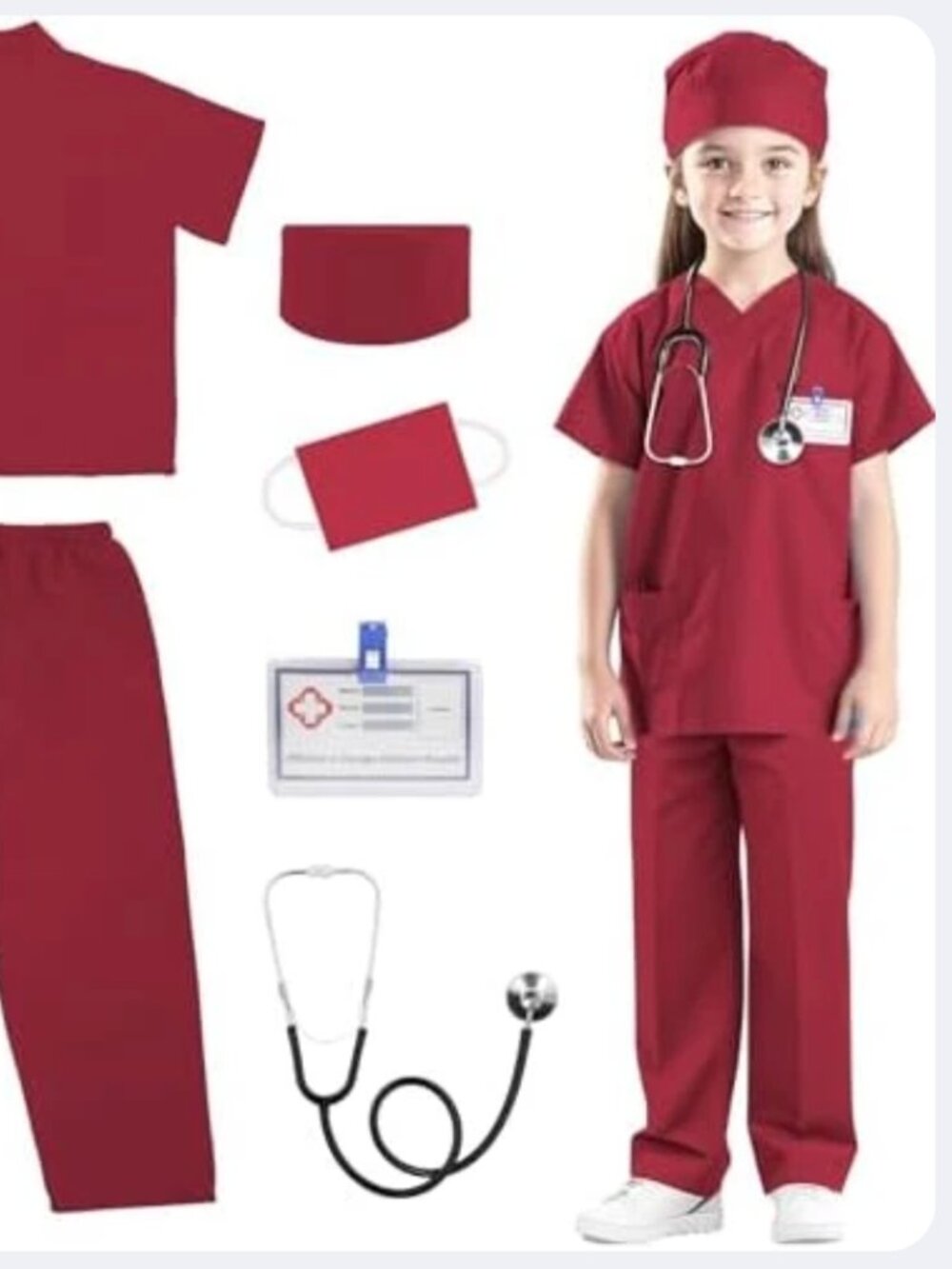 Childrens Doctor Nurse Scrubs Costume Set Red 5 Pc Medical Halloween Pretend Pla